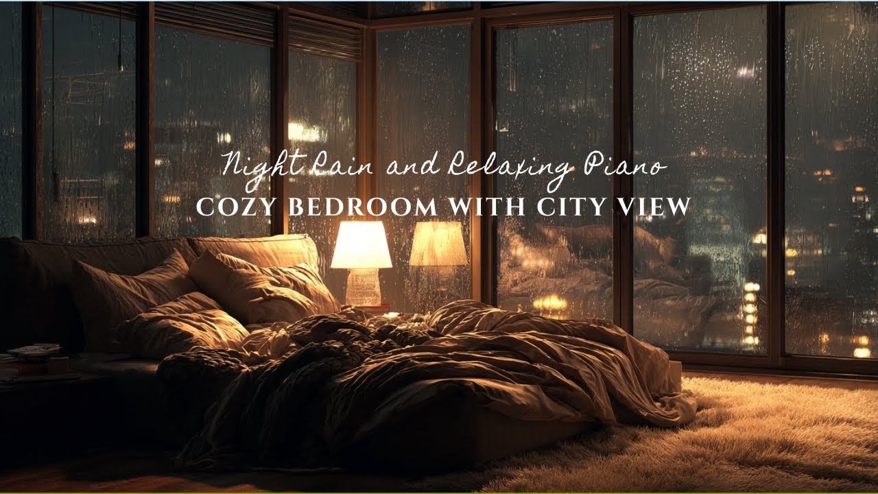 Cozy Bedroom with City View | Night Rain & Relaxing Piano
