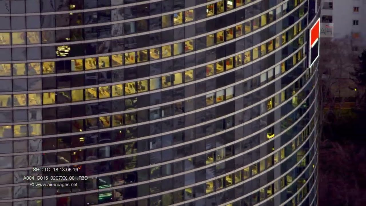 Aerial Footage / The business district of Paris La Défense by dusk / The area Faubourg de l'Arche