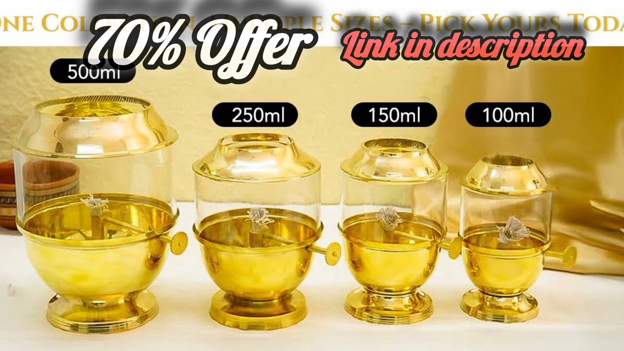 Ekhasa 100% Pure Brass Akhand Jyot Diya withAdjustable Bati Knob Wick Lifting Screw LeverGlass Cover