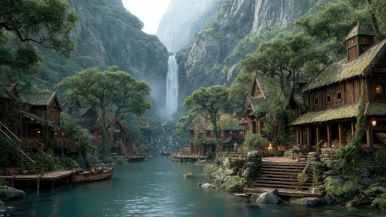 Peaceful Celtic Medieval Ambience | Quiet Wooden Village by a Mountain Waterfall