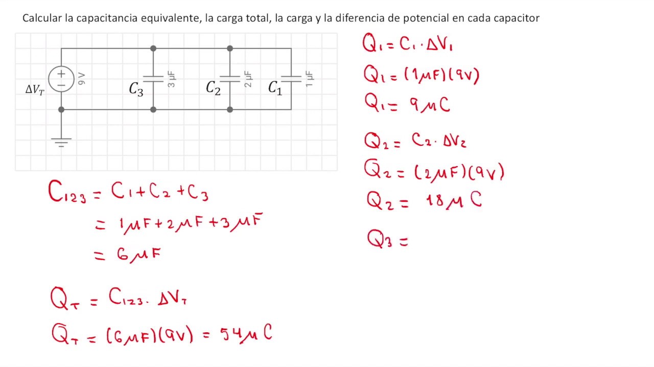 Capacitores en paralelo, cálculo de carga y diferencia de potencial en un circuito