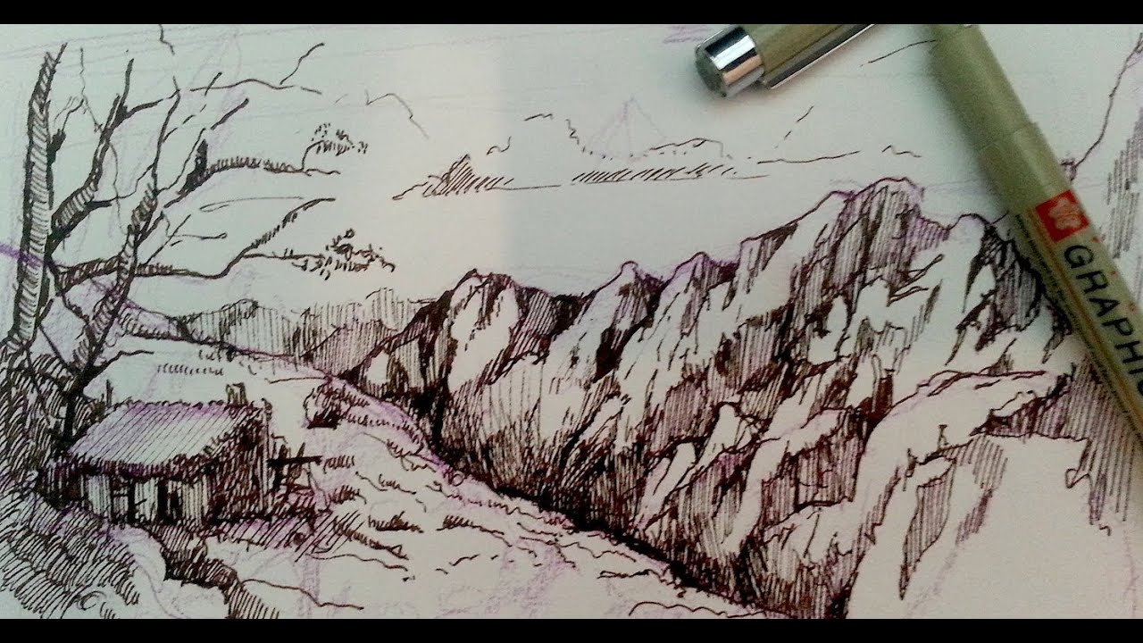 Pen and Ink Drawing Tutorials | How to draw a mountain landscape