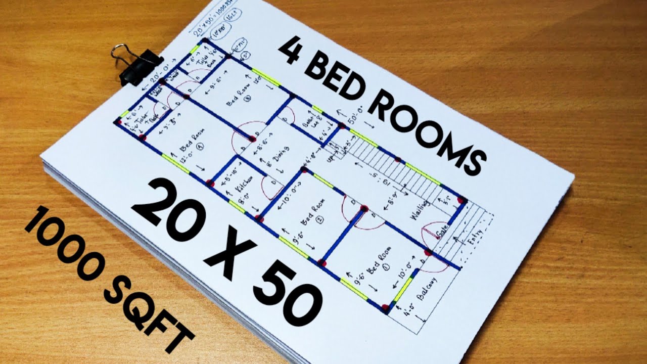 4 bed room house plan II 1000 Sqft ghar ka naksha II 20 x 50 home design II 20 x 50 ghar ka design