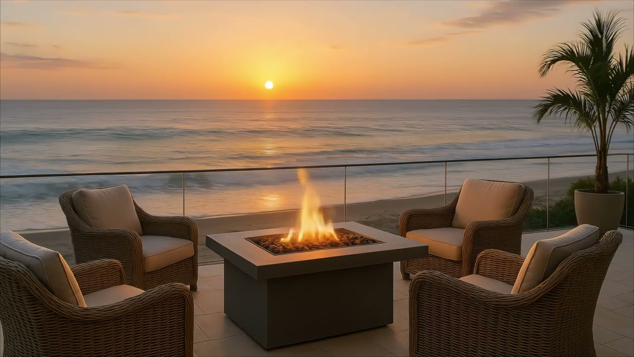 Sunset Patio by the Ocean – Cozy Fire Pit Ambience for Relaxation & Sleep | 4K