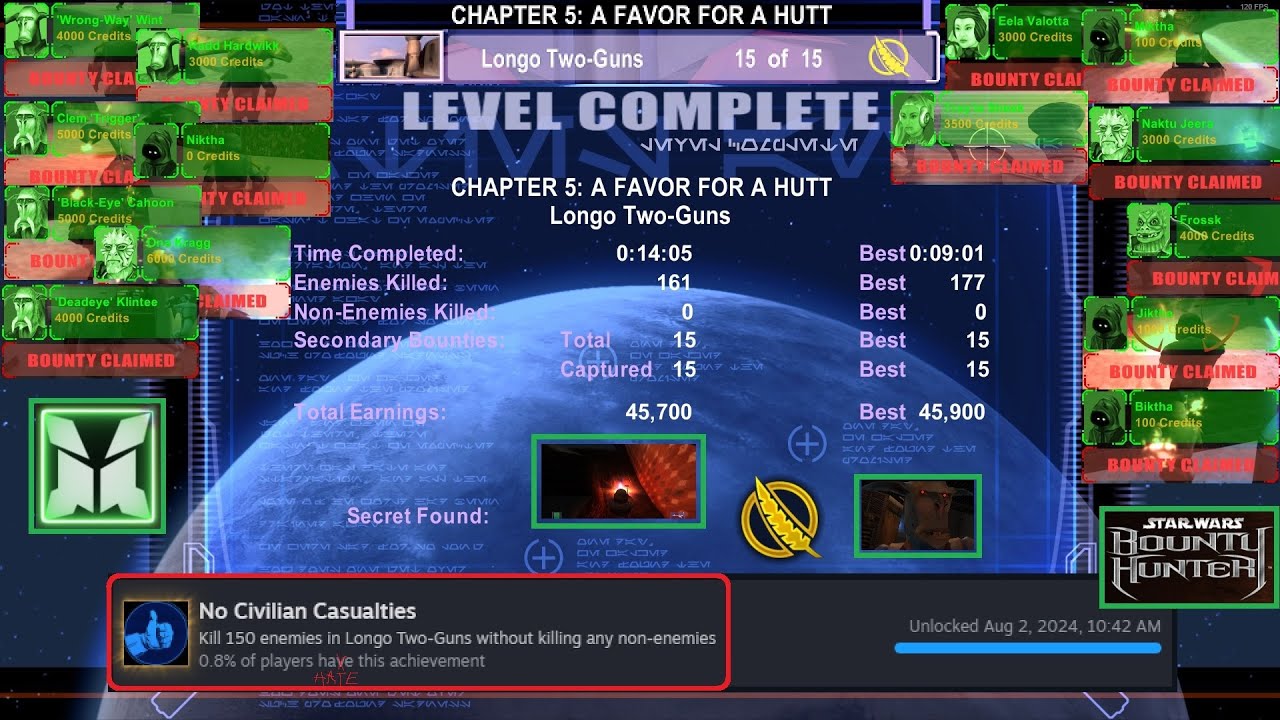 Star Wars: Bounty Hunter: All Bounties & Secrets Zoomies Guide: LVL13: Longo 2-Guns + N.C.C. ACHVMNT