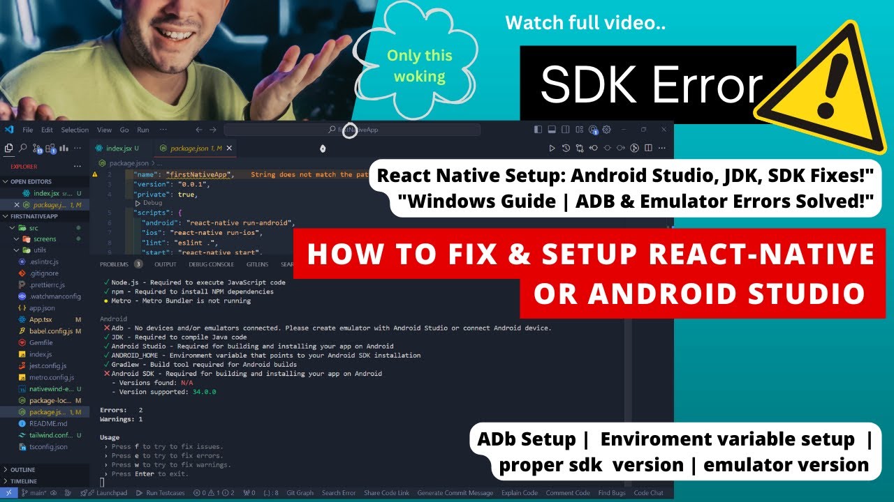 Error | android sdk version not found 34.0.0 | adb | React Native Setup | android setup | gradlew