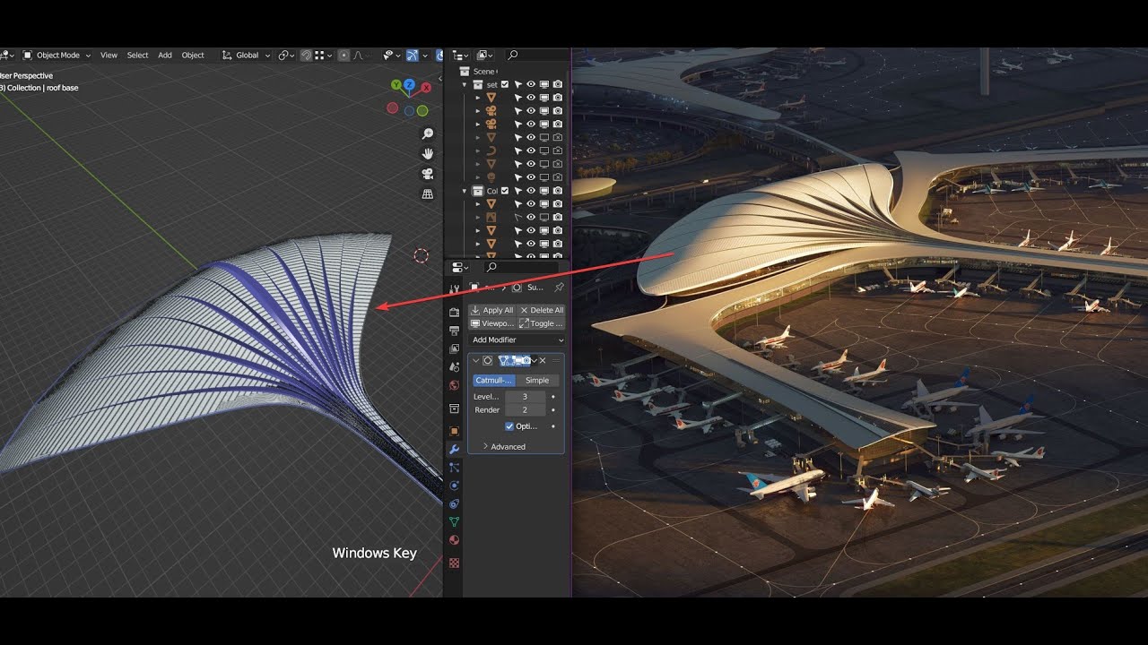 Modeling MAD Architects airport terminal - subdivision parametric design with Blender
