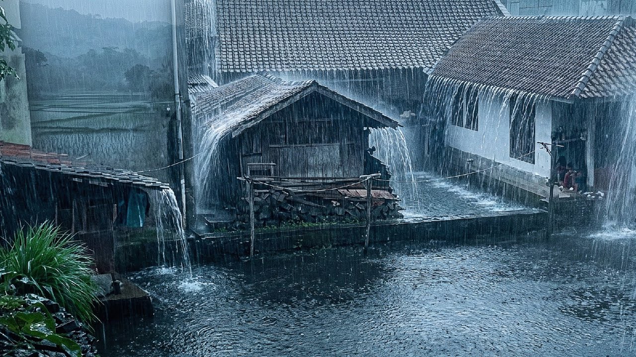 Heavy Rain in Village Daytime 🌧️ Walking in Rain Ambience