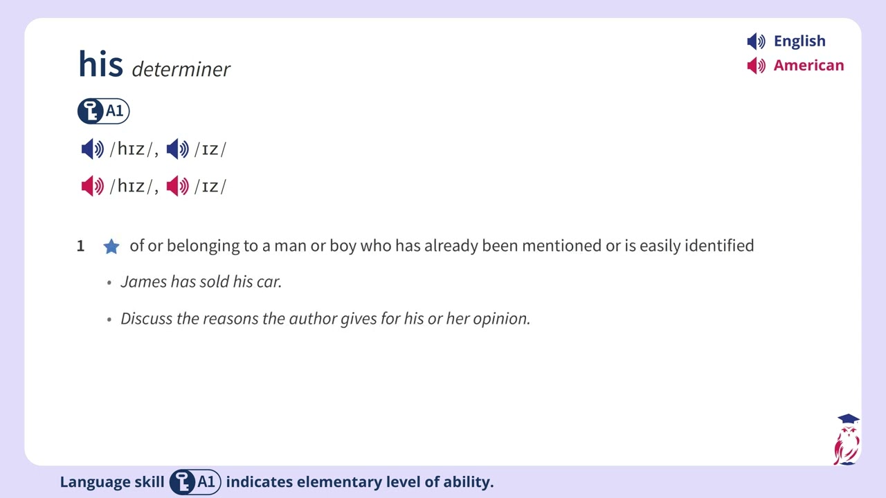 Definition of "his (determiner)" from the Oxford Advanced Learner's Dictionary.