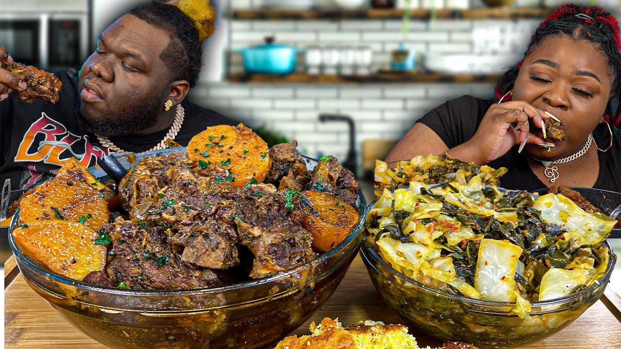 SOUL FOOD!!!  NECKBONES & POTATOES W/ HOMEMADE COLLARDS & CABBAGE!! | MUKBANG EATING SHOW