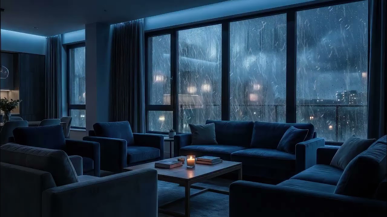 Midnight Rain in a Modern Blue Room 🌃 Heavy Rain on Window for Deep Sleep (No Music, 3 Hours)