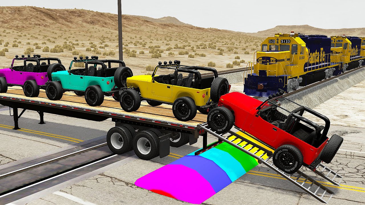 Funny Cars vs Train | Truck Man Flatbed vs Train - Beamng.Drive #10