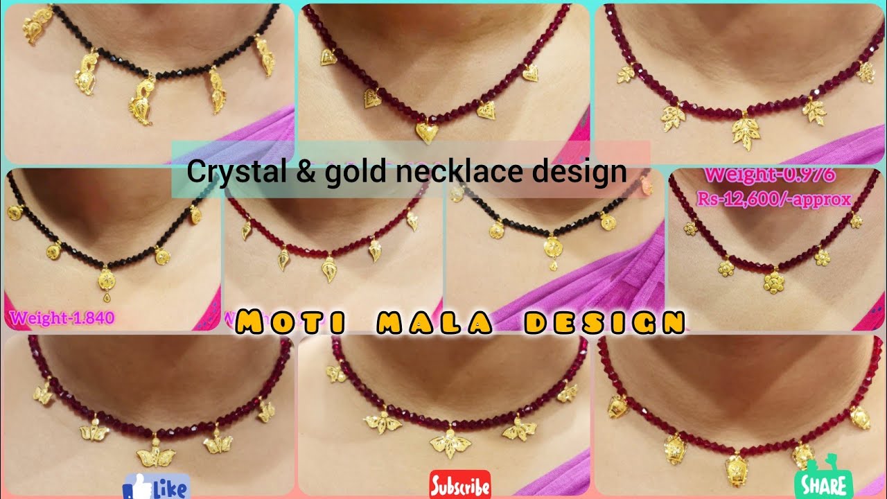 Daily wear crystal & gold pendant necklace design//lightweight Moti mala design with weight & price 