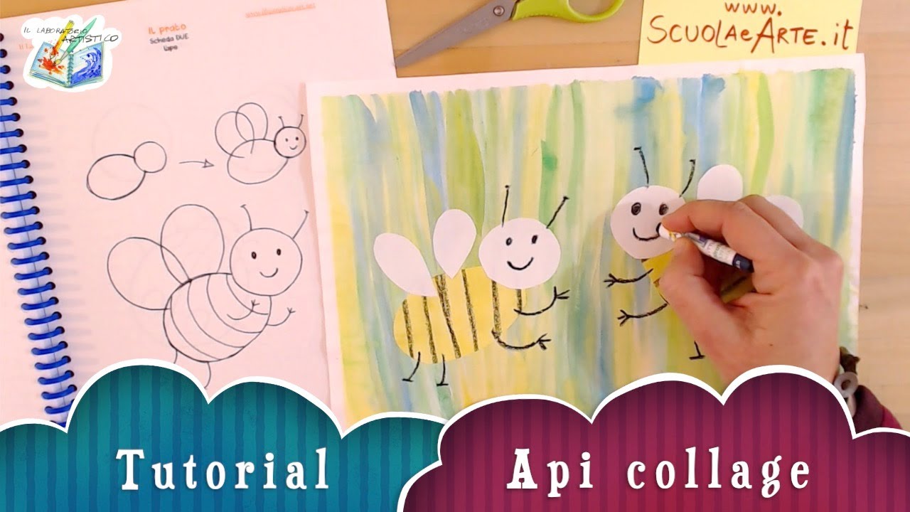 Tutorial per bambini: apine collage con carta dipinta a mano. Arte immagine scuola primaria