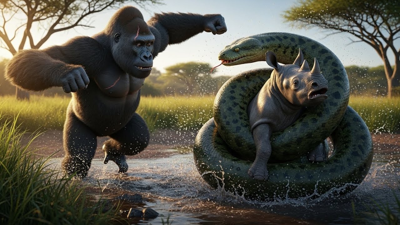 Anaconda Wrapped Around a Baby Rhino &mdash; Then the Gorilla Did Something Unbelievable