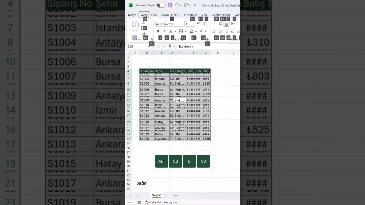 Excelde Otomatik Satır ve S&uuml;tun Genişliği Ayarlama #excel #office