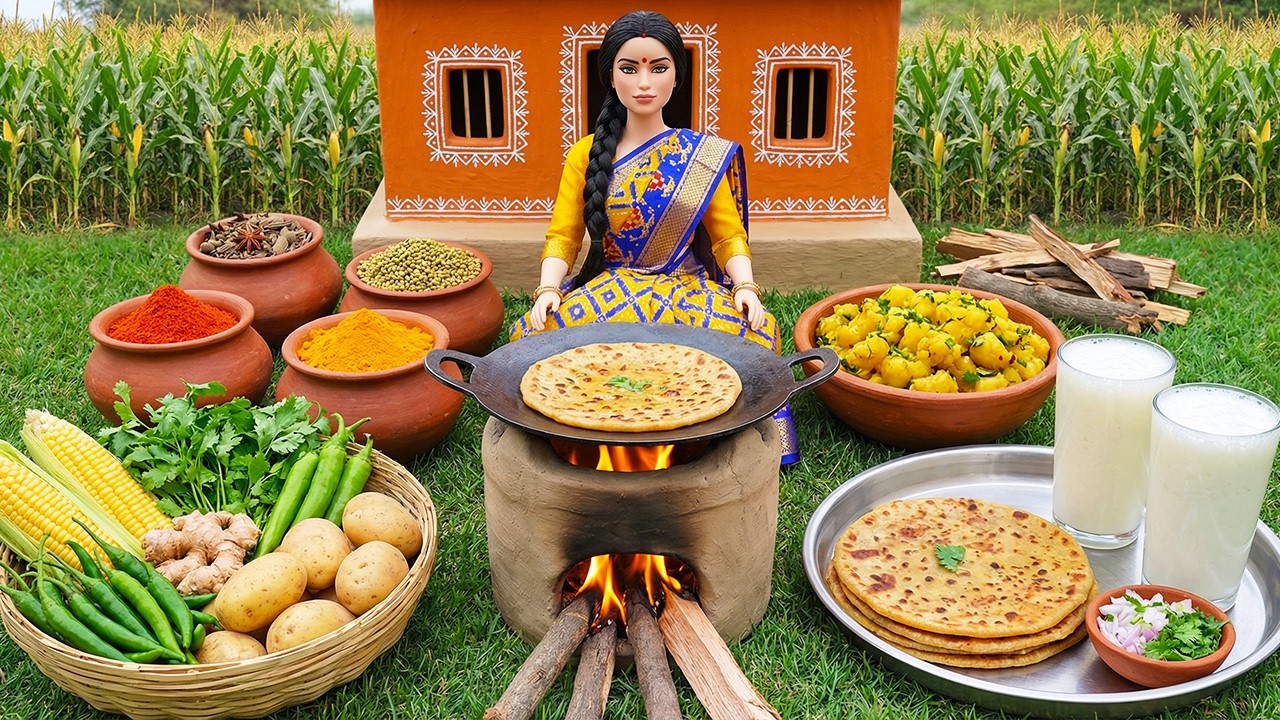 🥘🌾 Miniature Doll Makes Aloo Paratha & Sweet Lassi | Indian Village Evening Meal Tiny Kitchen ASMR