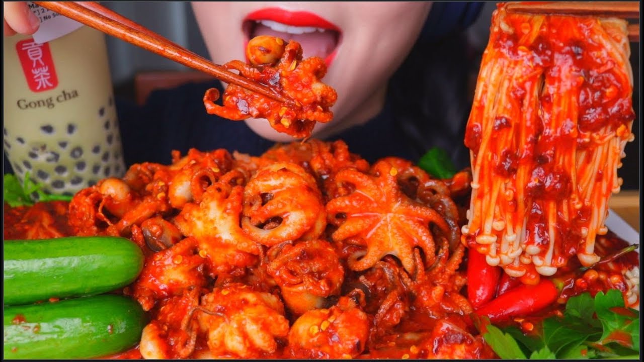 ASMR SPICY BABY OCTOPUS + KIMCHI FRIED RICE + SPICY ENOKI MUSHROOM + BOBA TEA | 章鱼 咀嚼音 | 먹방