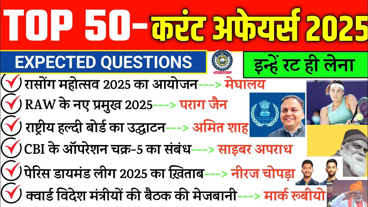 Top 50 Current Affairs 2025 | Current Affairs 2025 important question |last six months current 2025