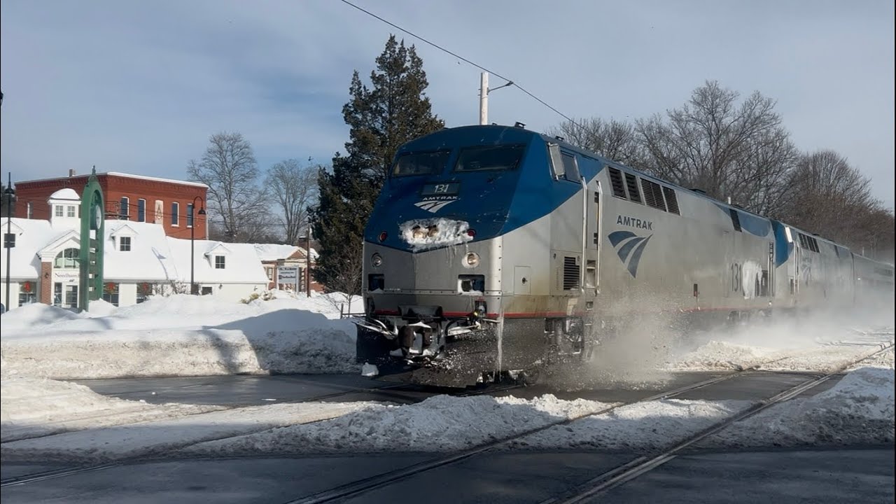 Lake Shore Limited Lead by Amtrak 131 and 97 dashes through the snow Ashland, Massachusetts.