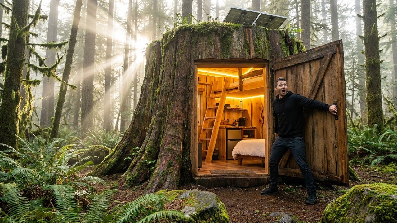 Building a Hidden Forest Shelter Inside a Giant Tree I 60 Days Build a Treehouse