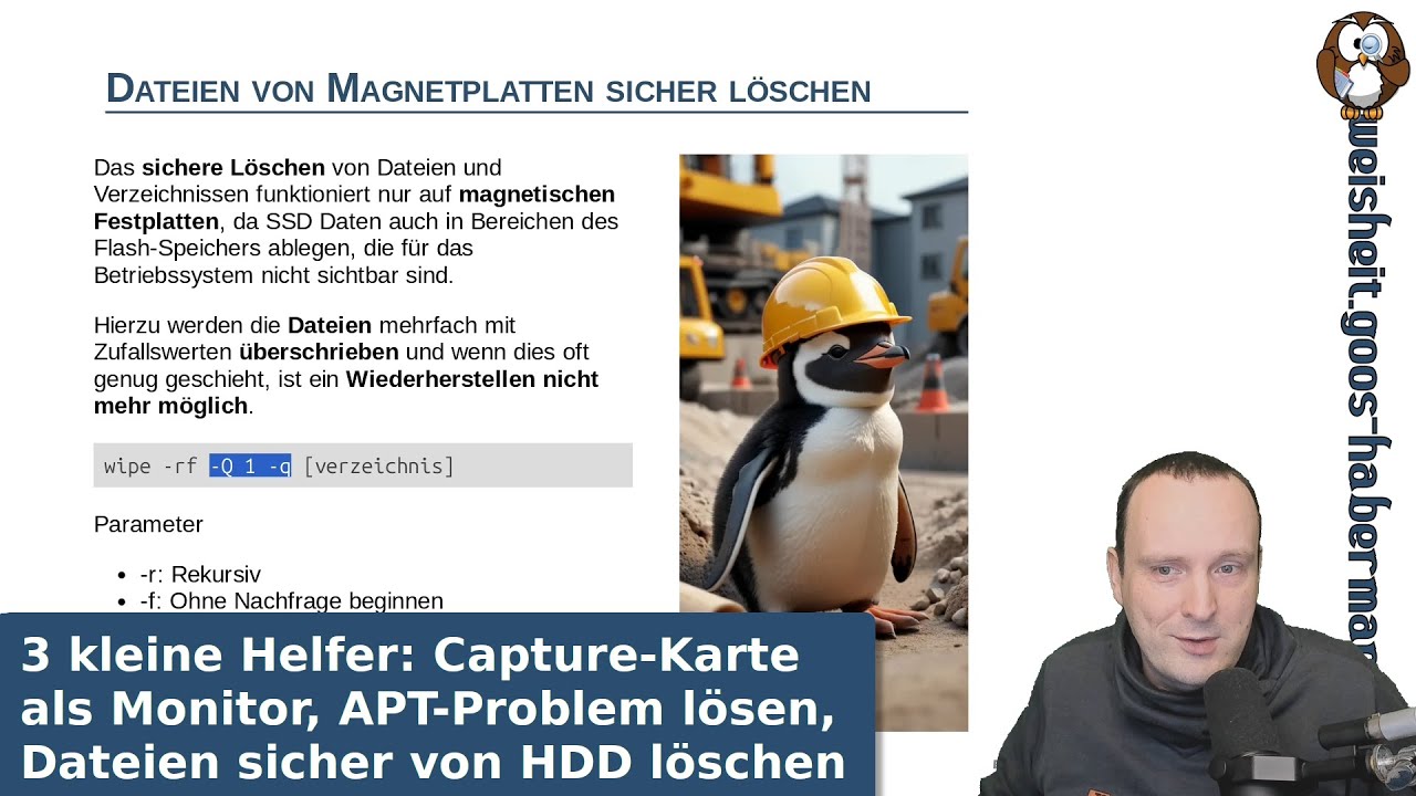 3 kleine Helfer: Capture-Karte als Monitor, APT-Schlüssel Probleme, Dateien von HDD sicher löschen