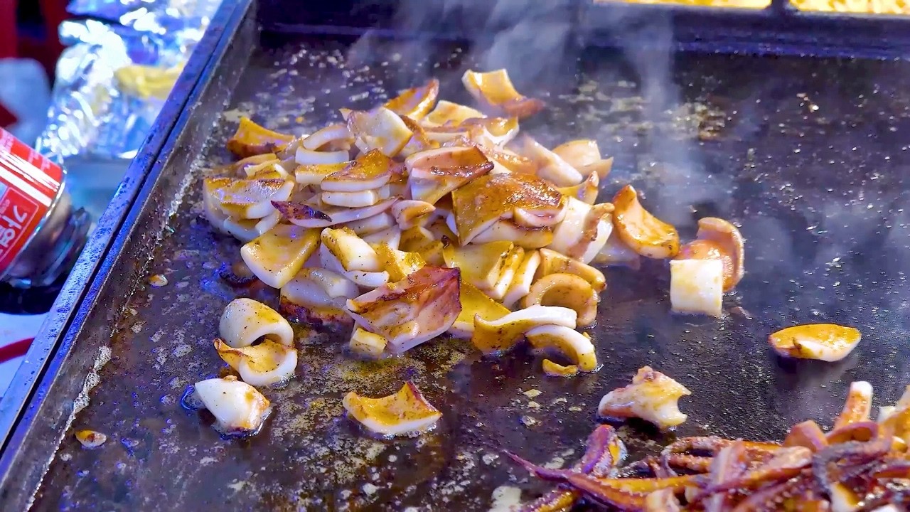 [제주도 로컬 현지인 맛집] 동문시장 야시장 오돈알찜 반건조 오징어버터구이 알찜 Korean grilled squid with butter spicy braised fish roe
