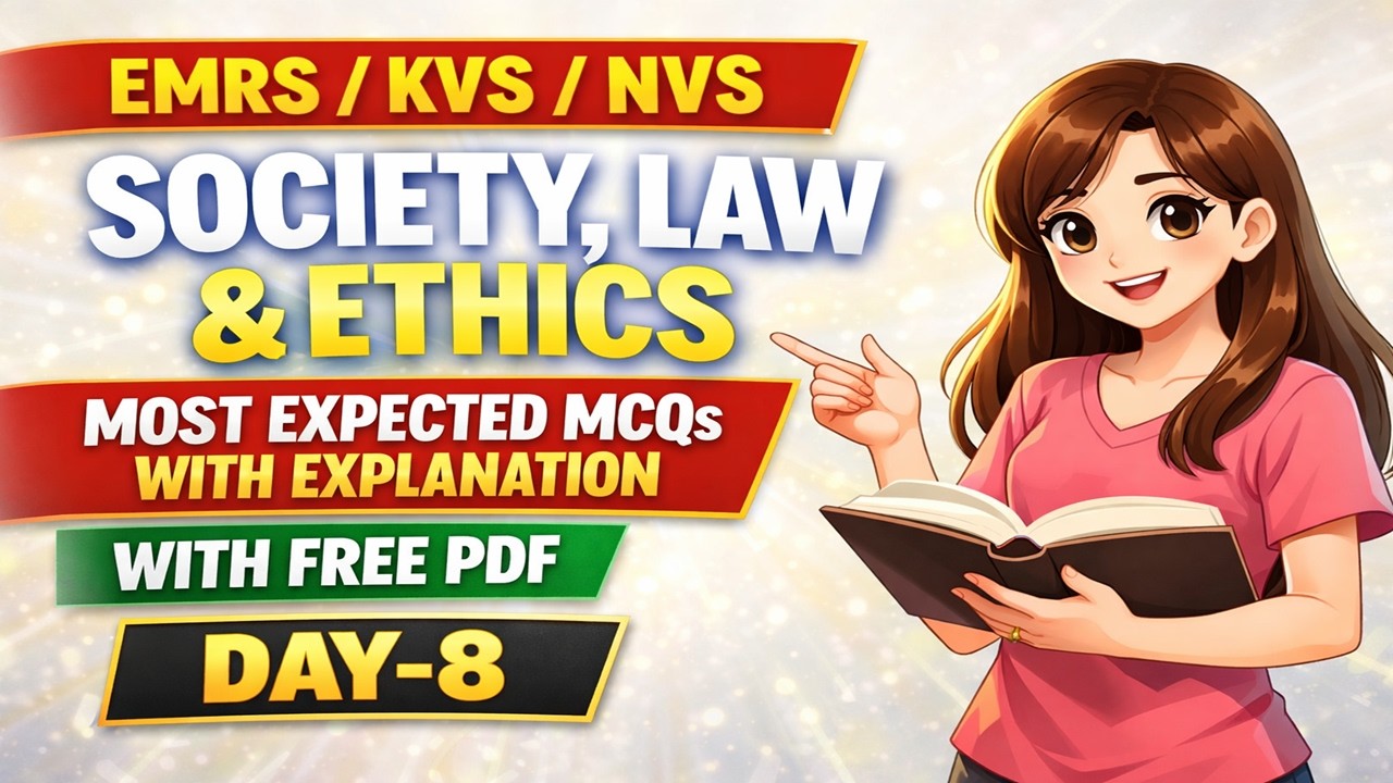 Day-8 🔥 Society, Law & Ethics MCQs | EMRS KVS NVS | With Explanation + Free PDF