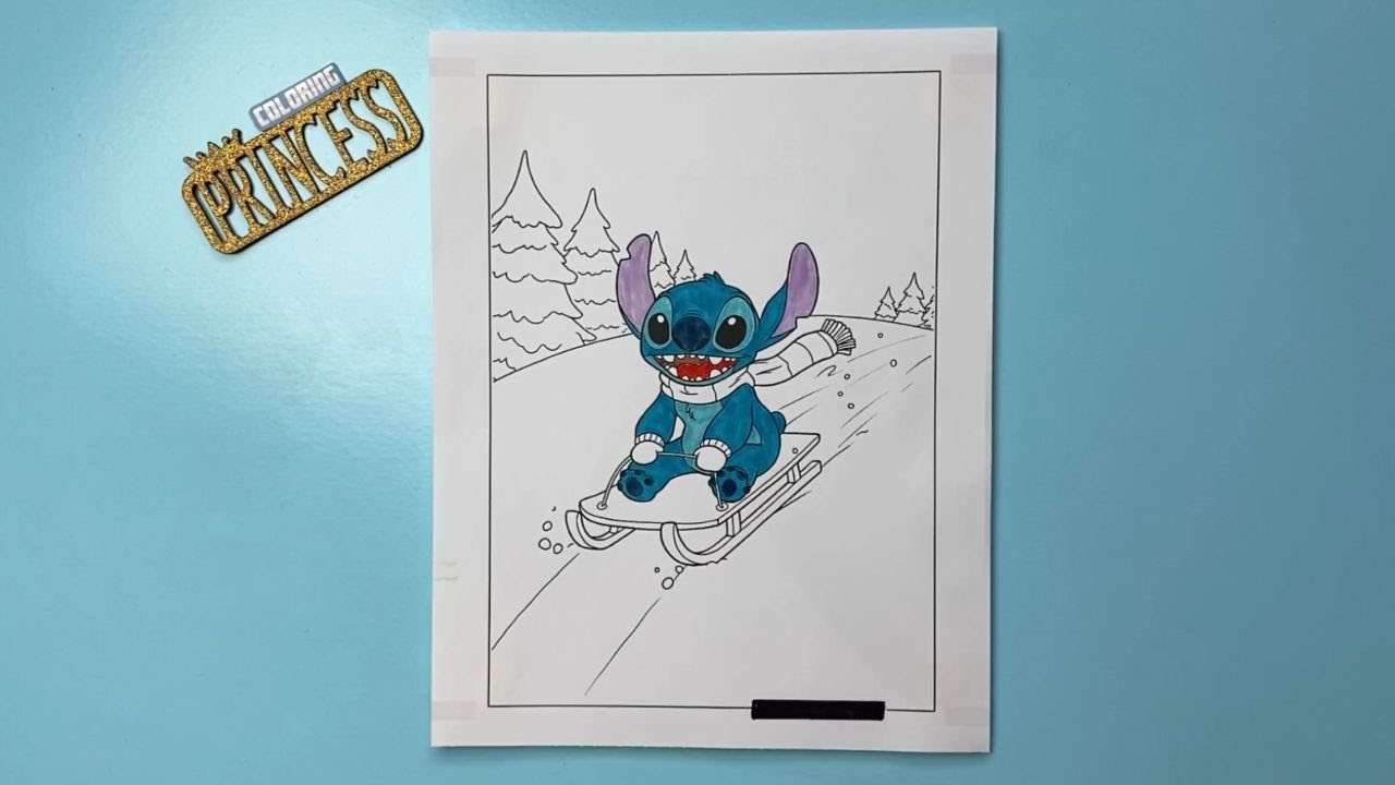 Stitch Sled Riding Down A Big Hill / Coloring Stitch with Markers / Speed Coloring Time Lapse