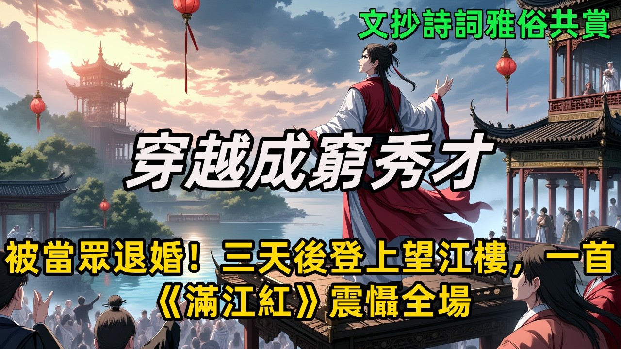 《穿越成窮秀才，被當眾退婚！三天後登上望江樓，一首《滿江紅》震懾全場》頭痛醒來家徒四壁，債主上門，未婚妻當眾退婚。他沒有金手指，只有腦中多了一個世界的璀璨詩詞。重陽詩會開口，整個文壇將被他掀翻