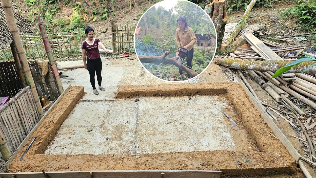 Single mother alone uses her skills to cut trees and build foundations for her house.