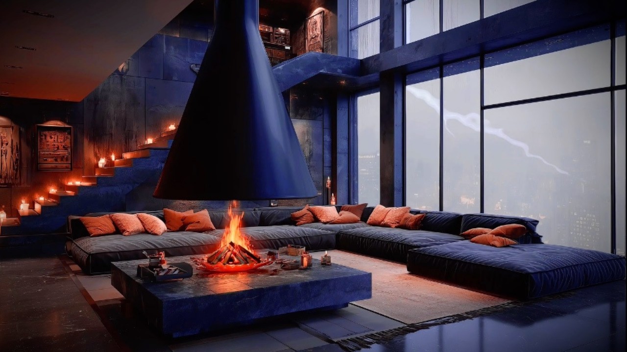 Thunderstorm Night in a Luxury Penthouse 🔥 Heavy Rain, Thunder & Fireplace Sounds | 2 Hours 4K