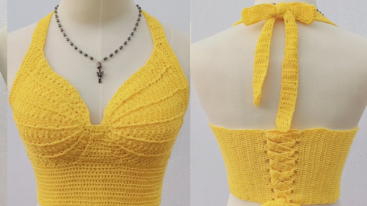 easy crochet crop top|ถักเสื้อโครเชต์แบบง่ายๆ|เสื้อโครเชต์ผูกโบว์หลังรอบอก34-36นิ้ว