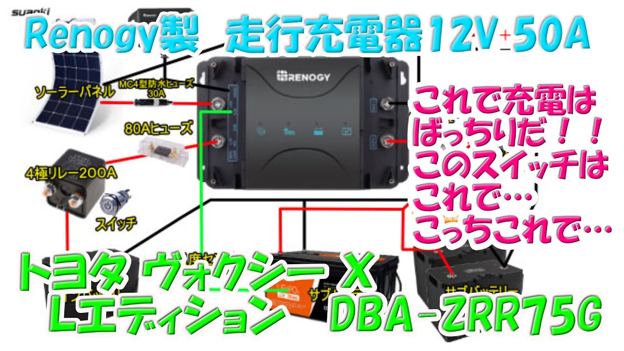 Renogy製　走行充電器12V 50A内蔵走行充電器を取り付けてみた。4極リレーや切替スイッチなどを取り付けてみた。