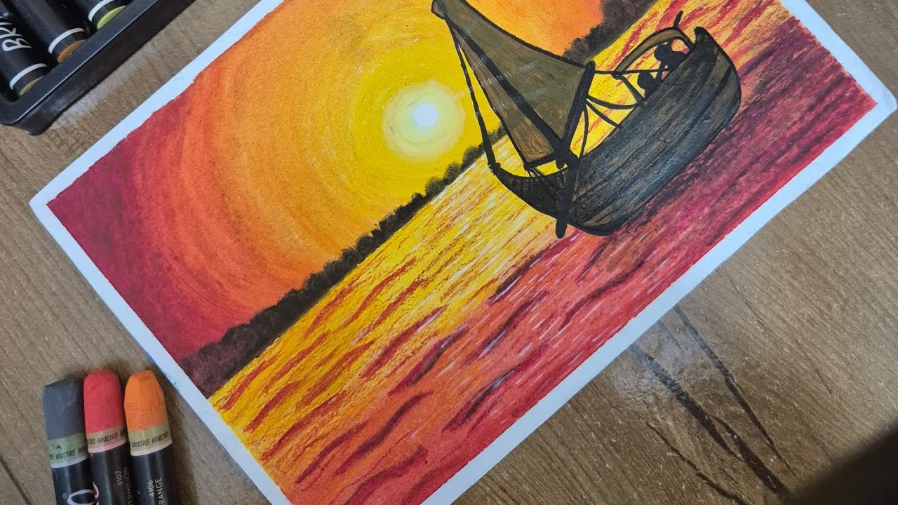 Beautiful Sunset Scenery Drawing with Oil Pastels 