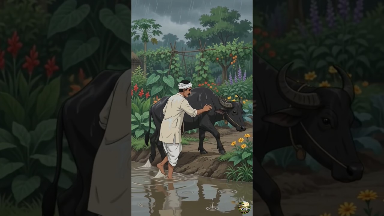 90s Buffalo Crosses a Flooded Village Road | Heavy Rain Village Life | 2D Ghibli ASMR  #asmr #ghibli