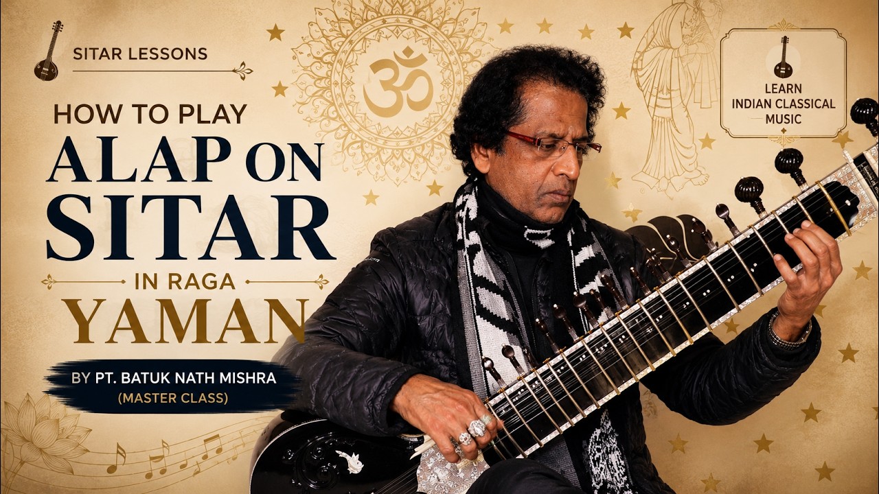 How to Play Alap on Sitar, Raga  Yaman  by pt. Batuk Nath Mishra (master class on sitar) learn Sitar