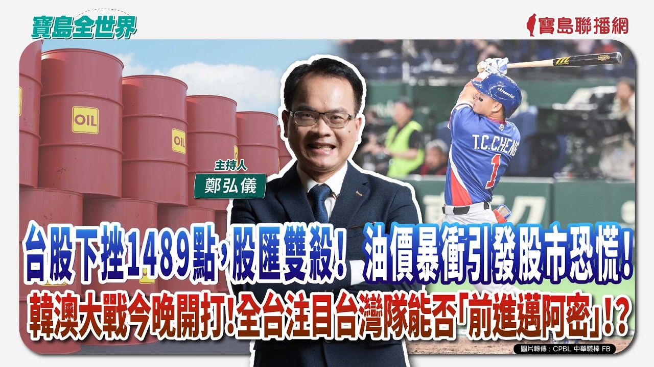 【寶島全世界】台股下挫1489點，股匯雙殺！油價暴衝引發股市恐慌！ 韓澳大戰今晚開打！全台注目台灣隊能否「前進邁阿密」！？｜ 鄭弘儀主持 2026/03/09