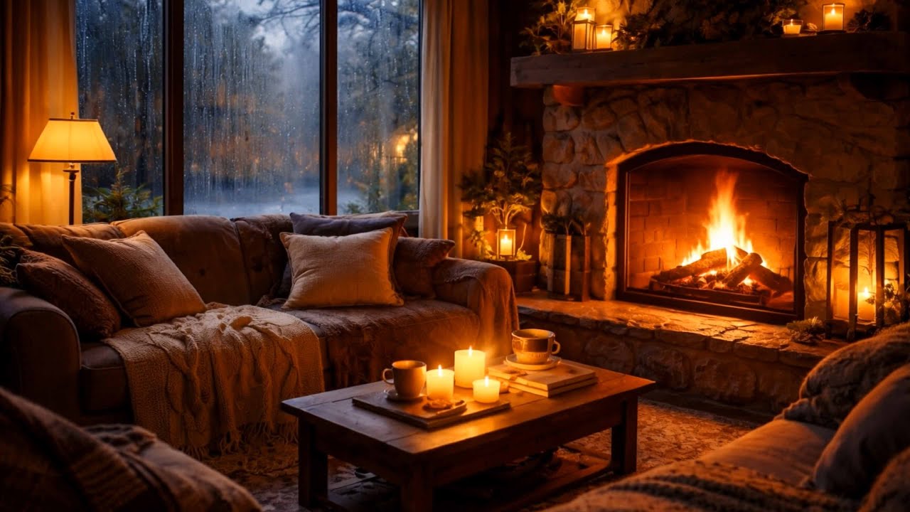 Piano Ambience with Rain & Fireplace | Cozy Night for Sleep & Relax