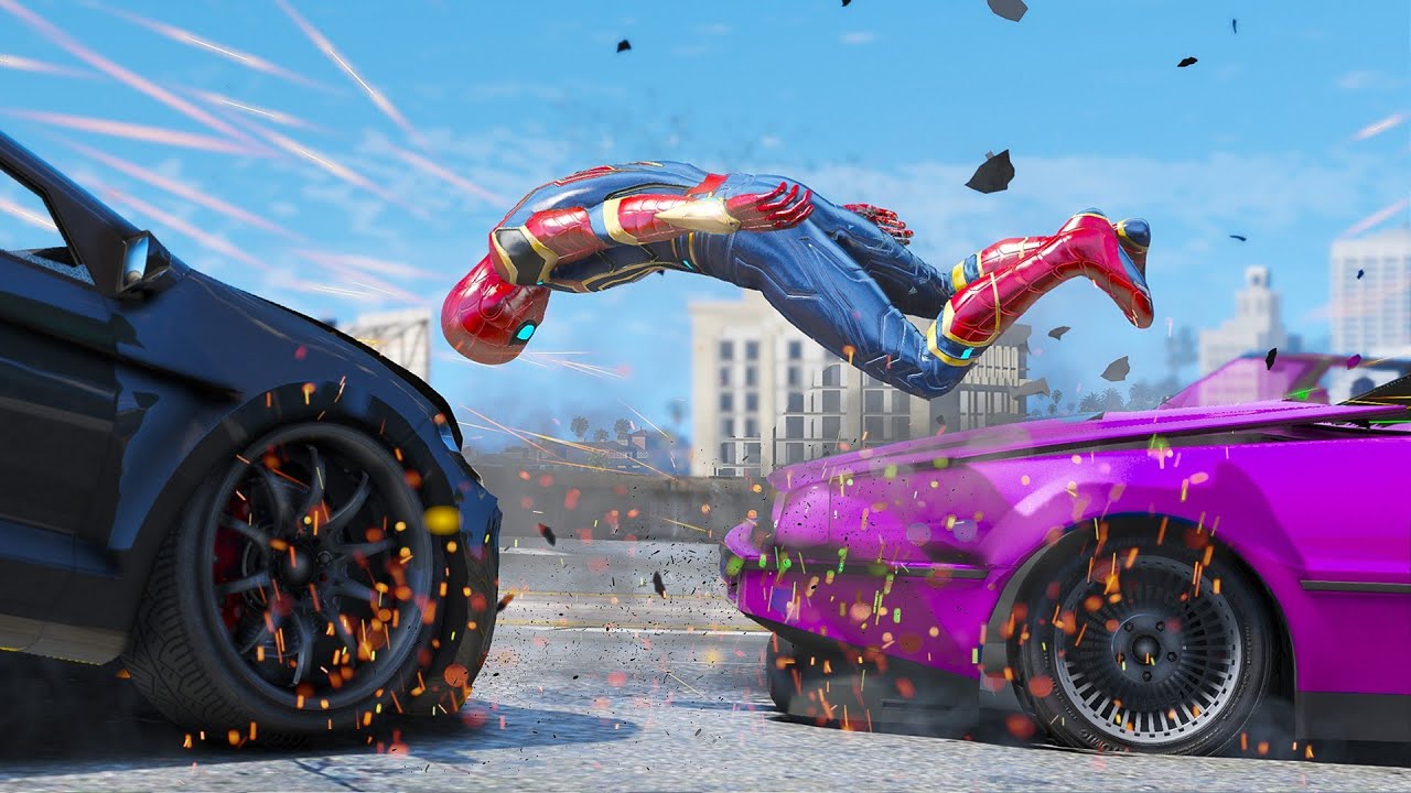 GTA 5 Iron Spiderman No Seatbelt Car Crashes - Spider-Man mod Gameplay #10
