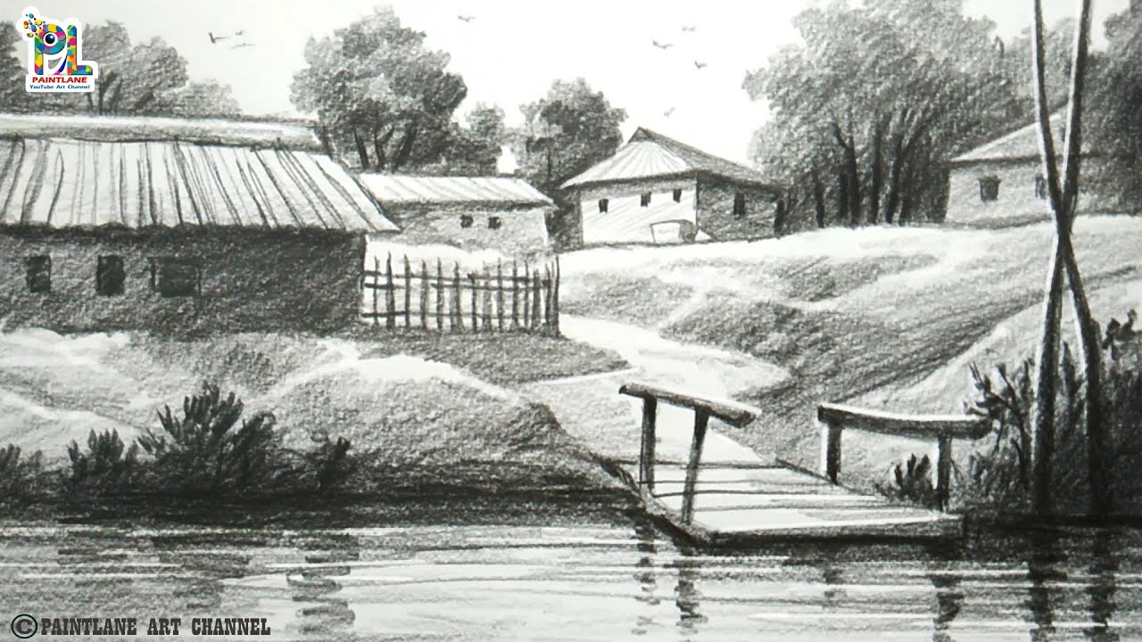 Small Village Scenery On Upland At The Lake With A Single Pencil