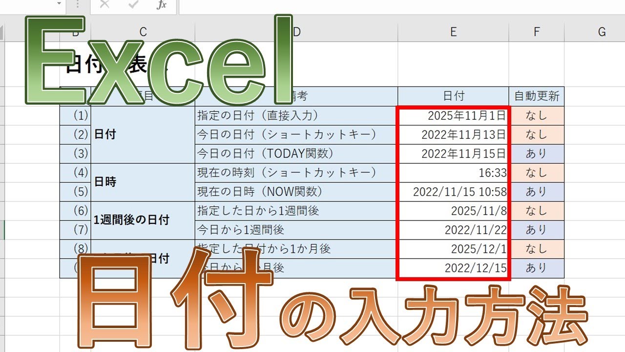 エクセルで日付を表示(入力)する方法【自動更新・日時・1週間後・1か月後】