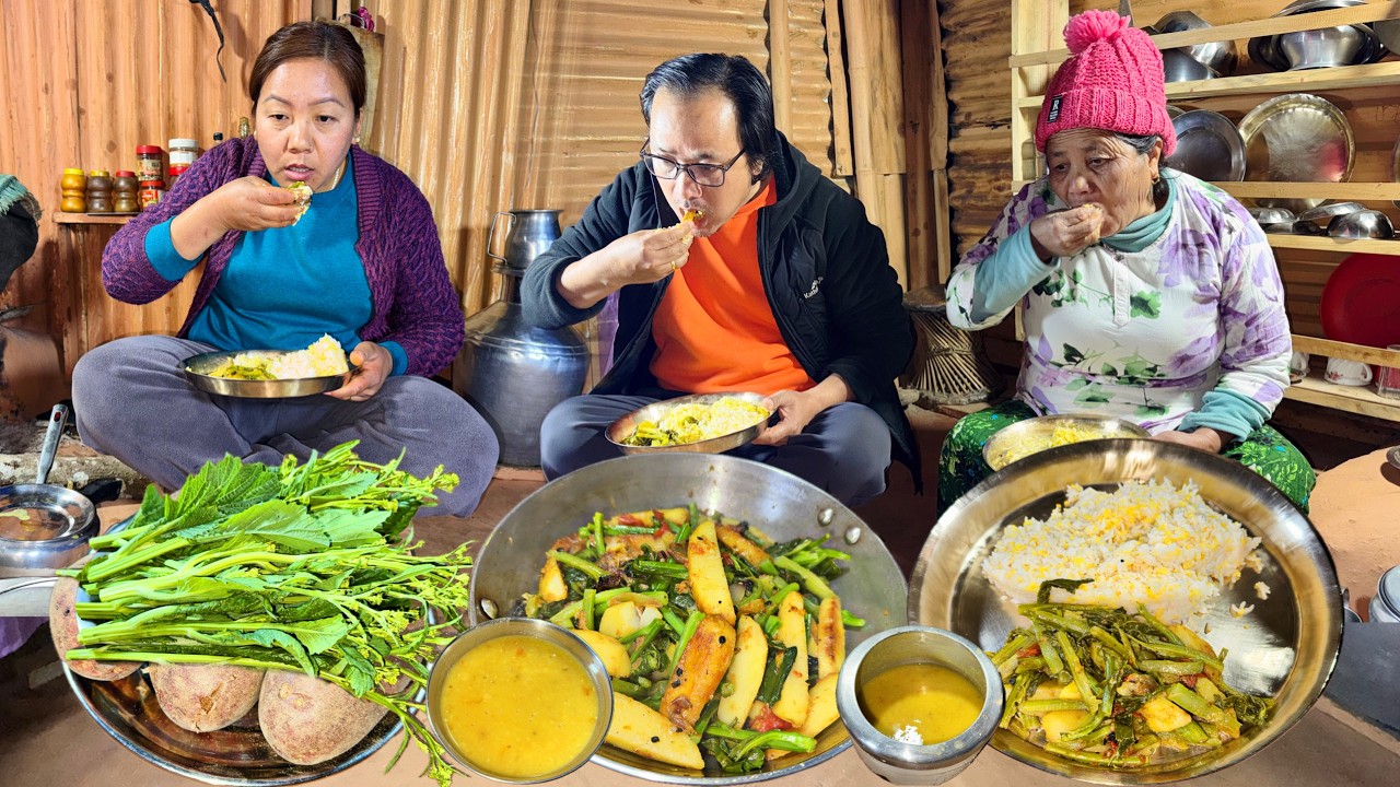 Fresh Greens & Potato Cooking & Eating Together | Authentic Village Kitchen | Countryside Lifestyle