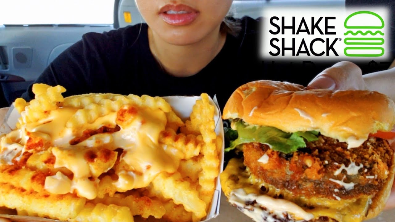 ASMR EATING SHAKE SHACK CAR MUKBANG SHROOM CHEESE BURGER BUFFALO FRIES REAL SOUNDS TWILIGHT SHOW
