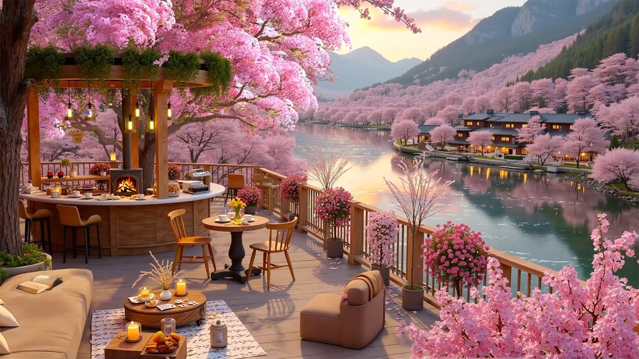 Peaceful Lakeside Retreat with Relaxing Jazz | Spring Cherry Blossoms & Cozy Coffee Terrace Ambience