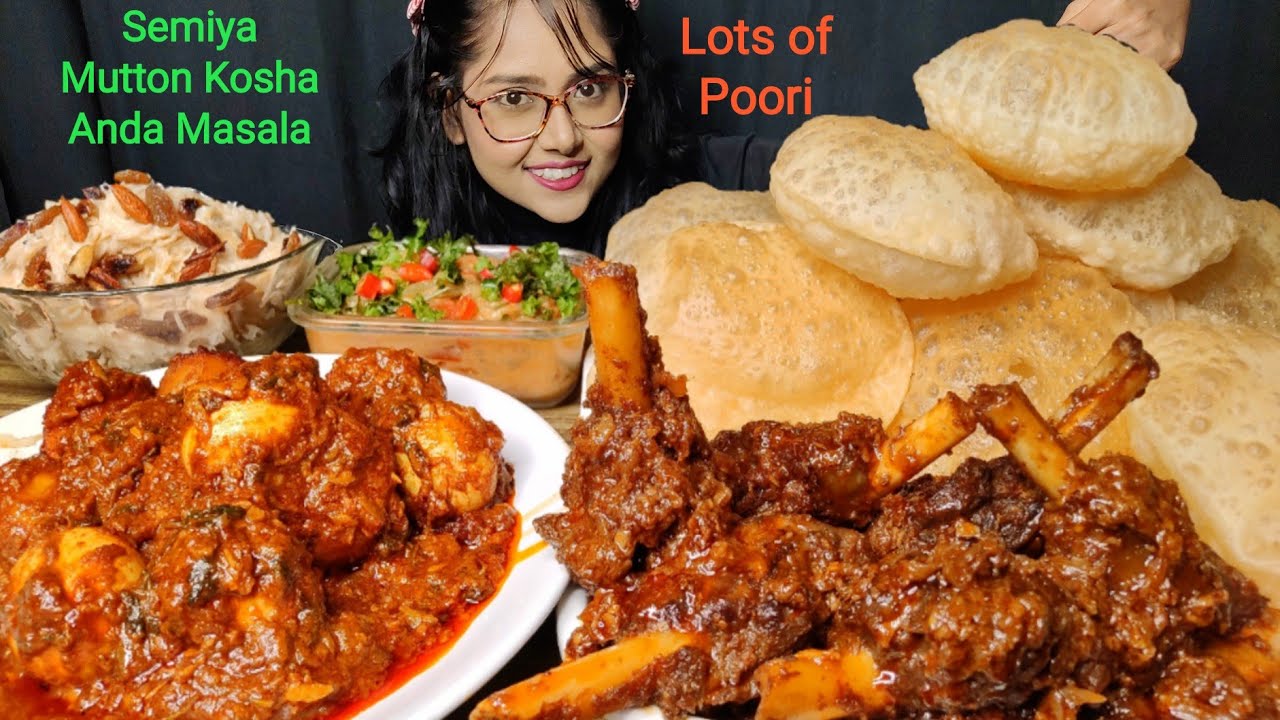 Eating Mutton Kosha, Egg Masala, Poori, Mixed Veg, Semiya | Big bites | Mukbang | Asmr Eating |