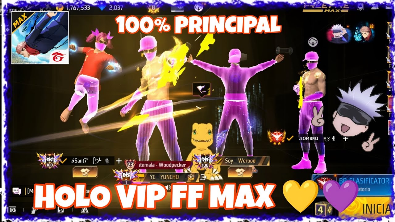 HOLOGRAMA FF MAX DE PLAY STORE💛💜 100% PARA PRINCIPAL ✅ ROPA 40% Y ARMAS 💯
