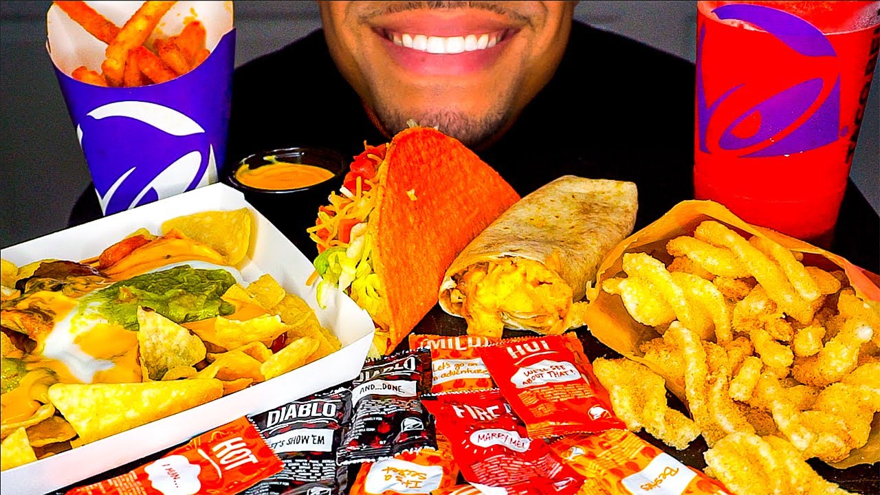 ASMR Taco Bell Mukbang Nacho Fries Cinnamon Twist Reaper Fries $1 Burrito Jerry Eating Show Tacos
