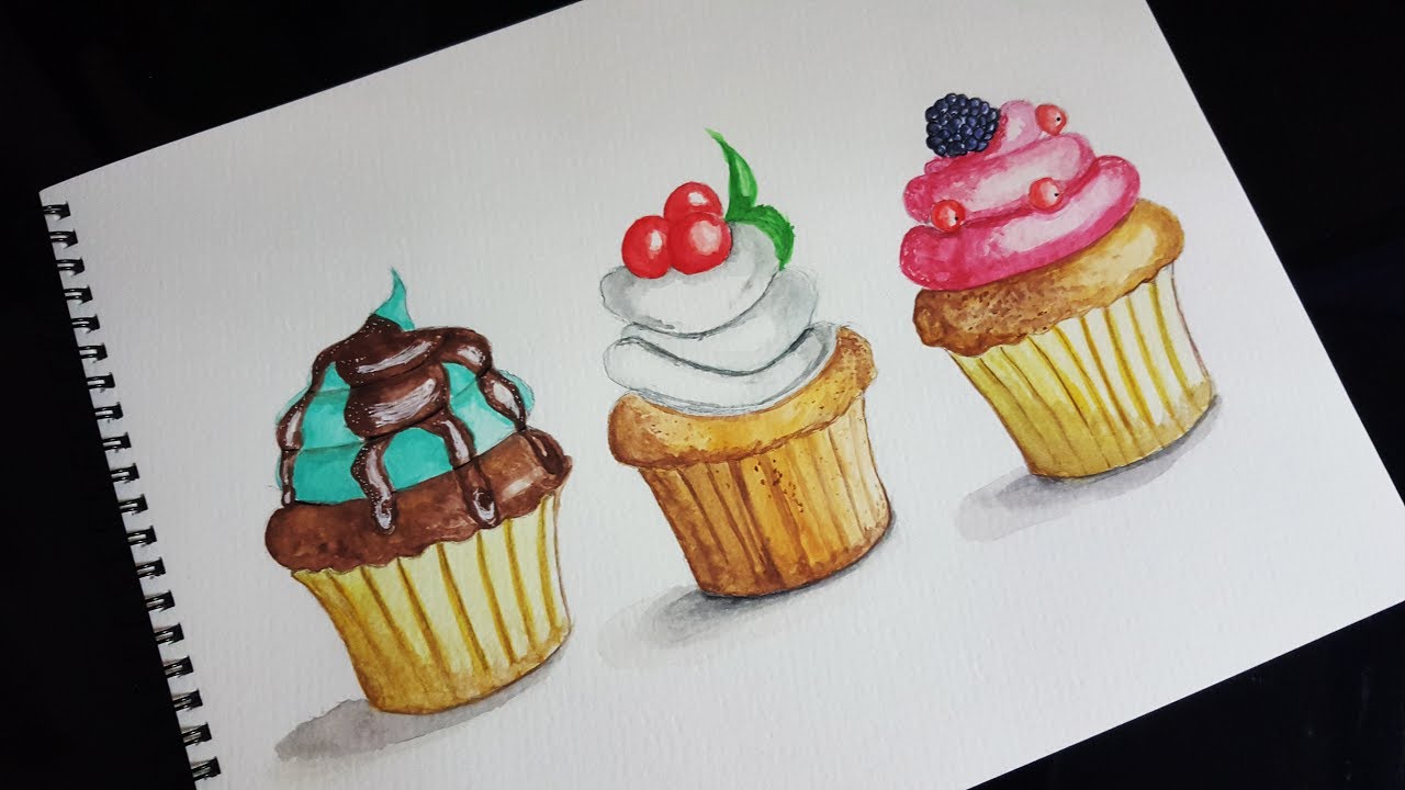 Easy Watercolor Cupcakes Painting