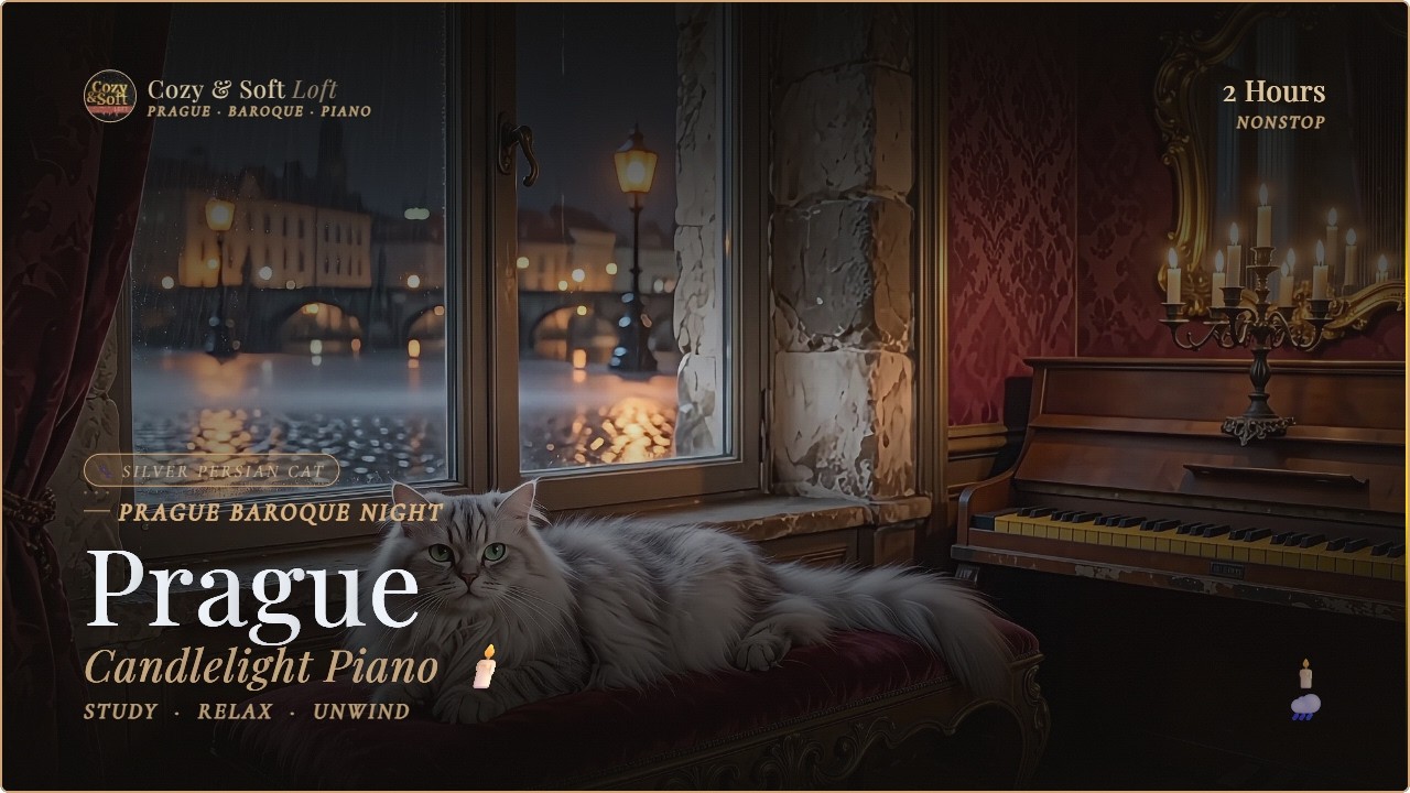 Silver Persian Cat | Rainy Prague Night 🕯🐱 | 2 Hours Candlelight Piano Lofi — Study, Relax & Unwind